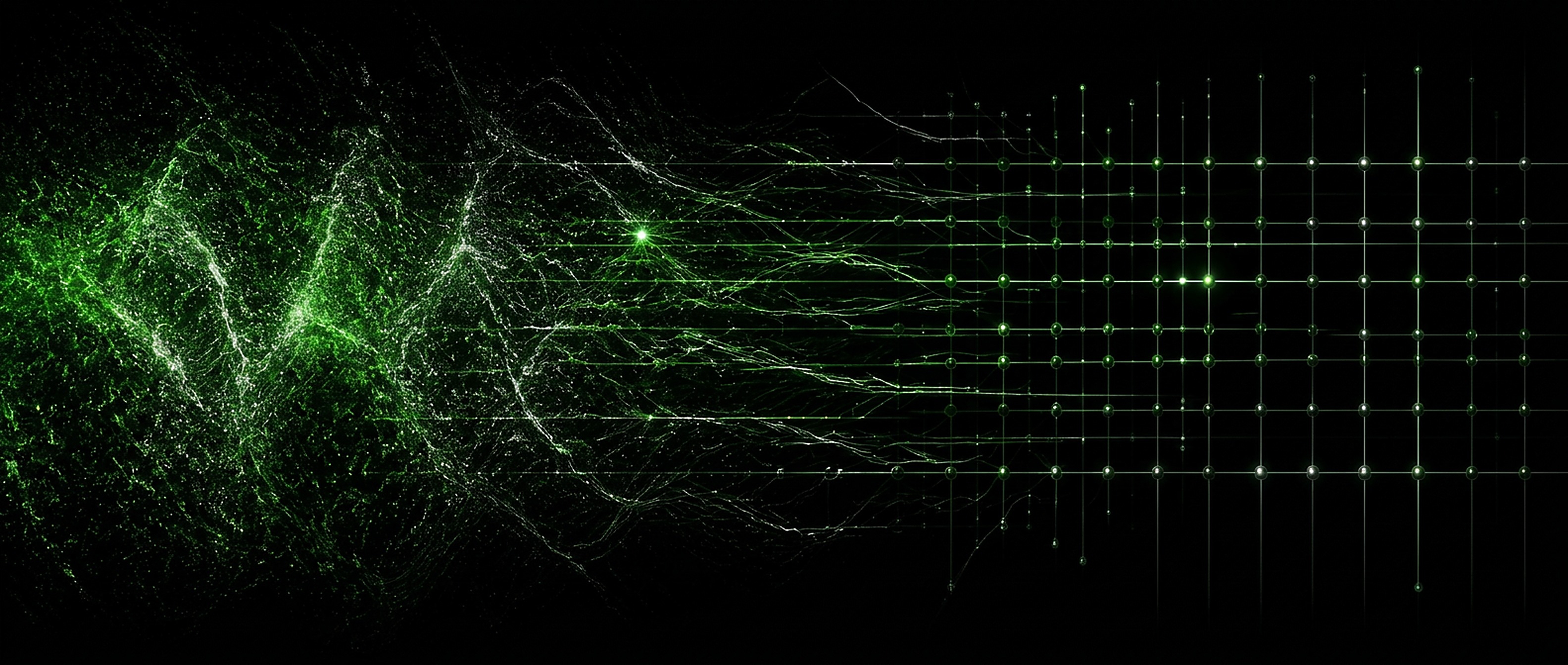 Chaotic green particles resolving into an ordered grid of nodes